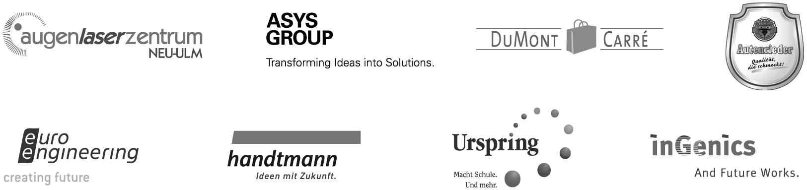 Referenzen der Lehnen Marketingagentur: ALZ, ASYS, Dumont Carre, Autenrieder, euro engineering, handtman, Ursrpring, Ingenics